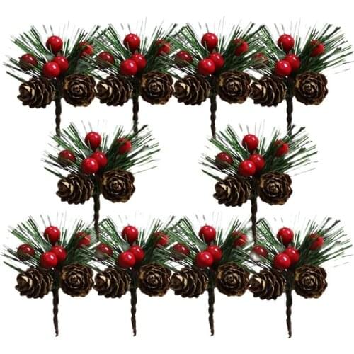 8-20PCS Artificial Flower Red Christmas Berry And Pine Cone With Holly Branches Christmas Decoration for Home Floral Decor Craft