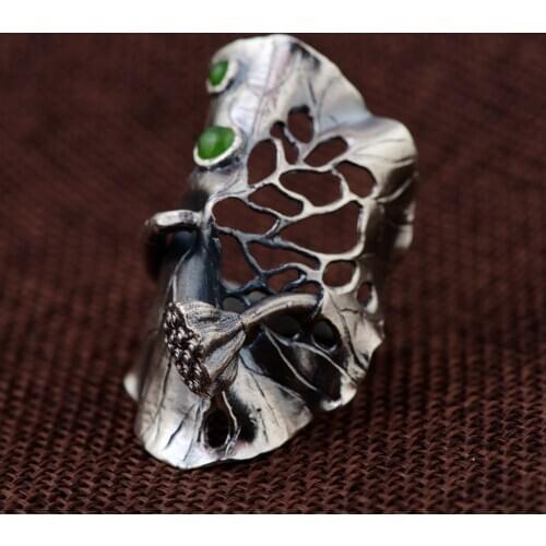 100% Real 990 Sterling Silver Big Lotus Leaf Ring for Women Men Vintage Green Stone Open Rings Party Fashion Jewelry Accessories