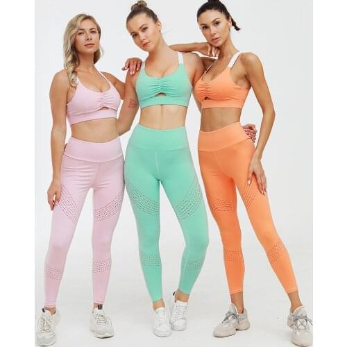 Summer Slim Yoga Sets Women Running Fitness Sportwear Solid Crop Tops Gym Bra Hollow Out Tummy Control Legging Tight Sport Suit