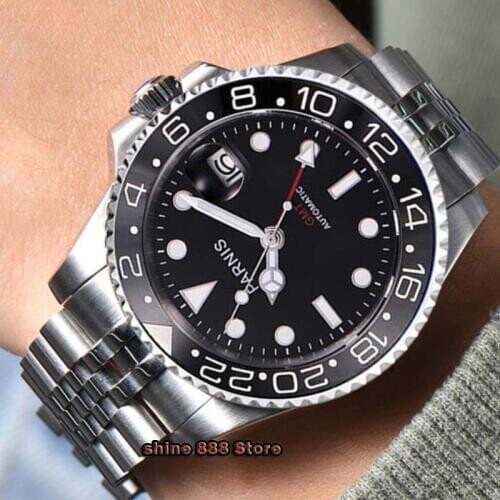 Newest 40mm Parnis black dial ceramic bezel Luminous Hands Sapphire crystal GMT Automatic movement Mechanical Mens Wristwatches