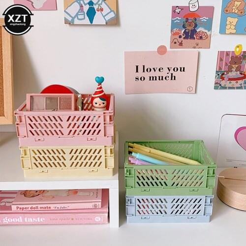 Mini DIY Collapsible Crate Plastic Folding Storage Box Basket Utility Cosmetic Container School Office Desk Storage Stationery