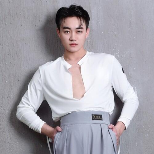New Latin Dance Sihrts For Men Long Sleeves Practice Clothes Korean Style Latin Dance Tops Cha Cha Salsa Ballroom Wear DNV14928