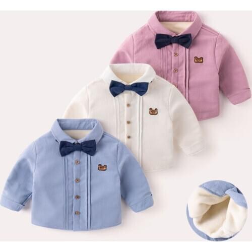 2 3 4 5 Years Baby Boys Plus Velvet Shirt Fashion Cartoon Solid Thicken Warm Tie Shirt for Boy Kids Winter Clothes Children Tops