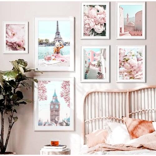 Paris Tower Big Ben Peony Peach Blossom Street Art Canvas Painting Nordic Posters And Prints Wall Pictures For Living Room Decor