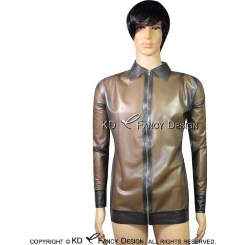 Transparent Black Sexy Latex Jacket Zipper At Front Long Sleeves With Buttons On Cuffs High Collar Rubber Coat Top YF-0088