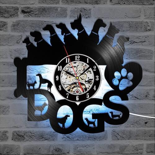 Different Dogs Shape Record Clock Light Changing LED Clock Gift for Dog Lovers Vinyl Record Wall Clock Antique Hanging Clocks