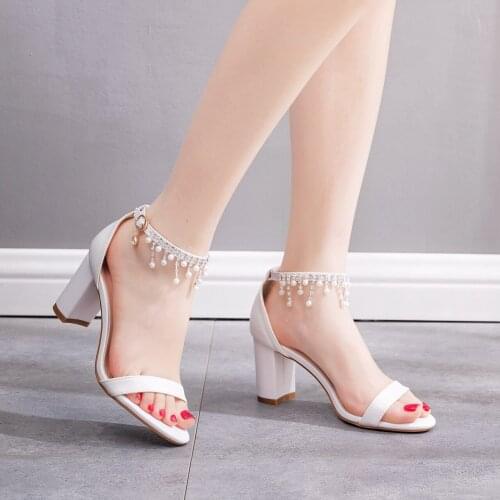 Ladys Summer Sandals Chunky Thick 7CM High Heels White Crystal Ankle Strap Wedding Party Dress Shoes Women Pumps