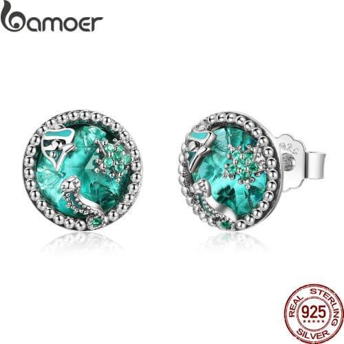 BAMOER Authentic 925 Sterling Silver Ocean Tropical Fish Stud Earrings for Women Green CZ Sterling Silver Jewelry Gift SCE496