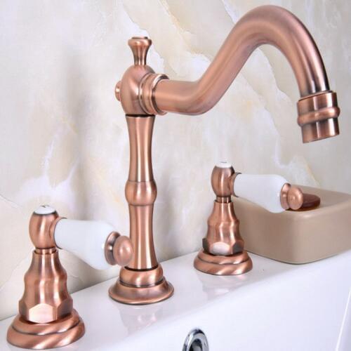 Deck Mounted 3 Holes Bath Tub Mixer Tap Vintage Retro Antique Red Copper Brass Widespread 2 Handles bathroom basin Faucet arg060