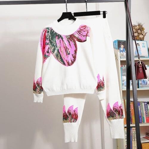 White Black Tracksuit Knitted Set Women Fashion Handwork Sequins Sweater Long Pants Loose Casual Knit 2 Piece Outfits Streetwear