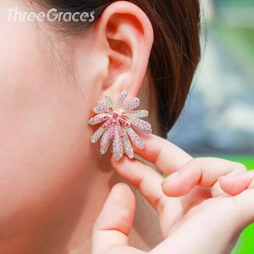 ThreeGraces Romantic Flower Shape Bridal Wedding Earrings for Ladies Pink CZ Crystal Valentines Day Costume Jewelry Gift ER613