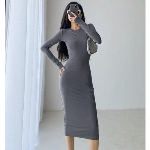 TVVOVVIN Long Sleeve Thickened Pullover O-Neck Dress Women Mid-Calf Soild Color Sexy Ladies Elestic Sheath Dresses Fashion 68C2