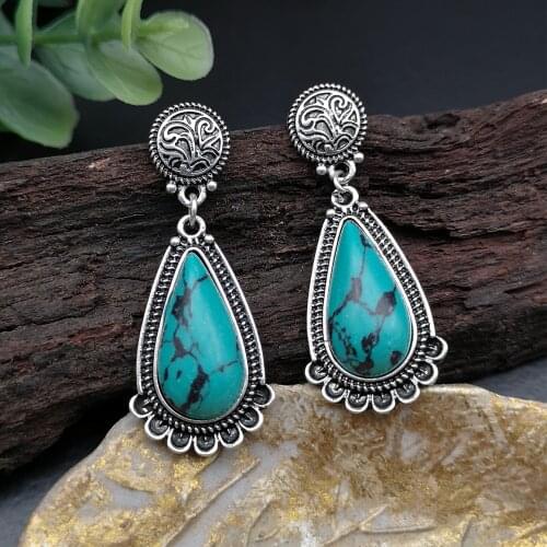 Vintage Lovely Water Drop Earrings for Women Fashion Jewelry Turquoise Pendants Long Earring Femme Gifts