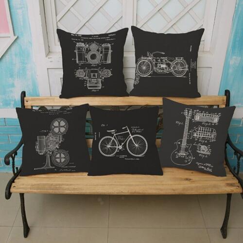 Vintage Black Guitar Home Decorative Cushion Cover Bicycle Camera Video Player Sofa Seat Car Outdoor Sitting Chair Pillow Case