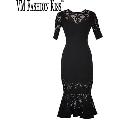 VM FASHION KISS 20201 Early Spring Women Black Lace Bandage Dress Sexy Hollow Out Midi Celebrity Evening Runway Party Dresses
