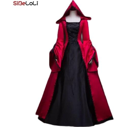 Upscale Halloween Masquerade Hooded Claret Dress Gothic Steampunk Vampire Gown Mysterious Magic Witch Costumes