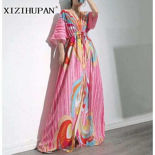 XIZIHUPAN Print Split Dress For Women V Neck Short Sleeve High Waist Lace Up A Line Maxi Dresses Female Summer Fashion 2021 New