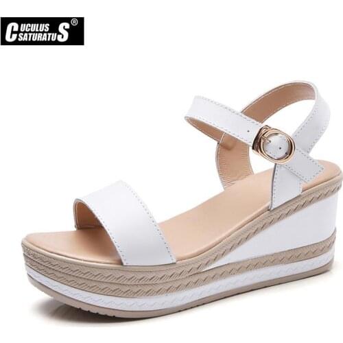 Cuculus Women Flat Platform Sandals Shoes Leather Buckle T Strap Basic Sandals Shoes Women Summer High Heels Shoes 512