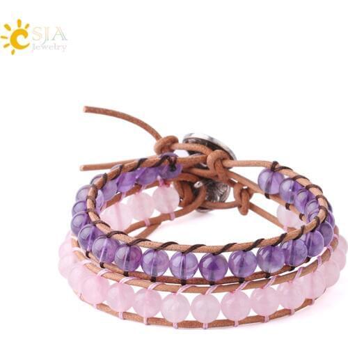 CSJA Women Friendship Bracelets Natural Gems Stone Pink Quartz Amethysts Wrap Jewelry Statement Bracelet Boho Jewellery S223