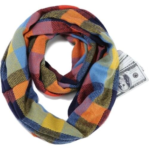 Women cashmere snood Infinity Plaid Scarf winter warm Hidden Zipper Pocket scarfs female neck warmer travel ring scarves