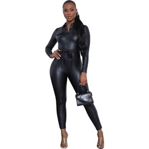 Womens Fashion Sexy Long Sleeve Black PU Jumpsuit with Buckle Belt