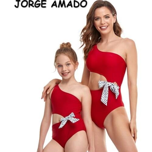 2021 New Summer Family Matching Swimsuit 2-pcs Sets One Piece Oblique Shoulder Bikini Mother Daughter Clothes E2108