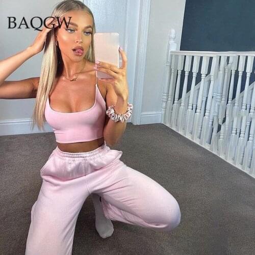 Streetwear Casual Two Piece Tracksuit Women Summer Solid Sleeveless Cropped Tops + Lace Up Pant Elastics Fitness Running Outfits