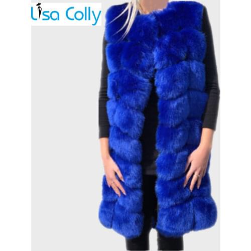 Women 90CM Autumn Winter Coat Overcoat Furry Sleeveless Long Faux Fur Vest Thick Fake Fur Coat Furs Jacket Two Pockets