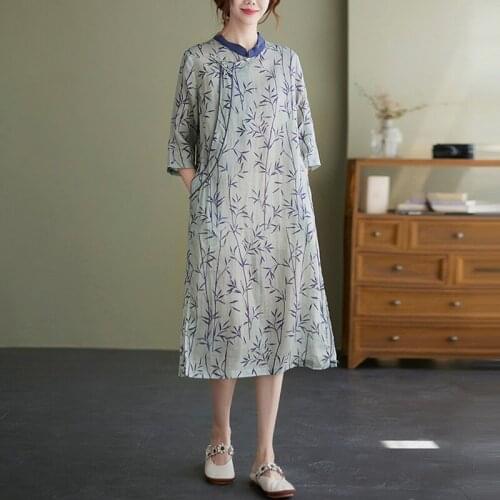 Women Cotton Linen Casual Dress New Arrival 2021 Chinese Style Vintage Print Loose Ladies Elegant A-line Long Dresses B859