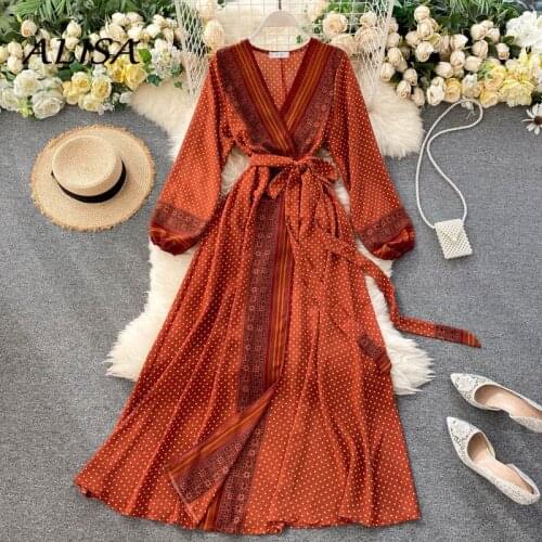 Women Spring Autumn Vintage Long Dress New Chiffon Printing Lace-up Waist Dress Ladies Summer Holiday Dresses Vestidos Mujer