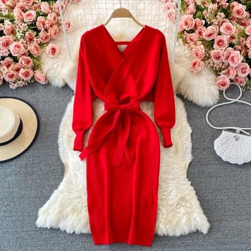 Women Knitted Sweater Dress 2021 New Autumn Winter Clothes Sexy V-neck Long Sleeve Sash Lace-up Elegant Lady Midi Bodycon Dress
