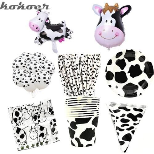 2020 hot Cute Ranch Cow Birthday Decoration Party Supplies Pennant Paper Cup Plate Baby Shower Cartoon Zoo Cow Theme Tableware