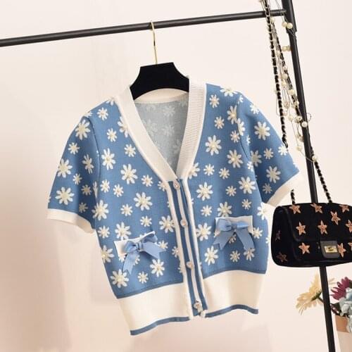 2021 Summer Knitwear Thin Cardigan Women Jacket Top V-neck Short Sleeve Daisy Bow Short Slim Sweater Shirt