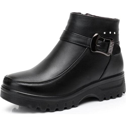 High Quality Women Boots Fashion Genuine Leather Warm Snow Boots Ladies Ankle Boots Mom Autumn Plush Wedge Shoes Big Size 35-42
