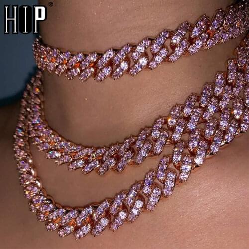 Hip Hop 12MM Full Iced Out Paved Pink Rhinestones Miami Prong Cuban Chain CZ Bling Rapper Necklaces Bracelet For Men Jewelry
