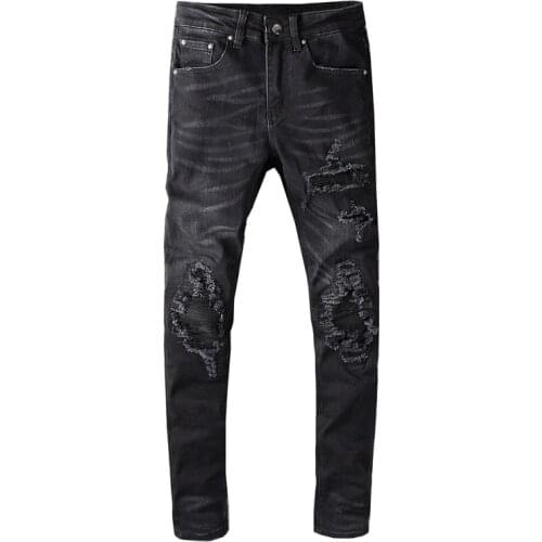 New mens male Tide Brand Black Tattered Patch Jeans Stretch Slim fit Large Size 28-40 Fashion Streetwear denim pants trousers
