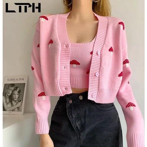 LTPH ins sweet pink women sweaters long sleeve knitted cardigan mushroom embroidery jacquard U-neck slim vest 2021 autumn new