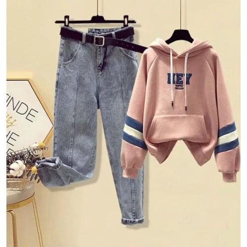 The Suit Can Be Sold Separately. Spring Autumn Long-sleeved Hooded Wweater + Solid Color Jeans Two-piece Set Womens Clothing