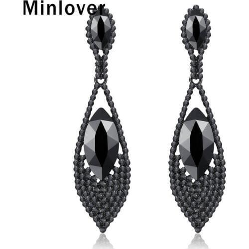 Minlover Fashion Black Color Crystal Long Earrings for Women Vintage Rhinestone Vase Teardrop Dangle Earrings Jewelry MEH1034