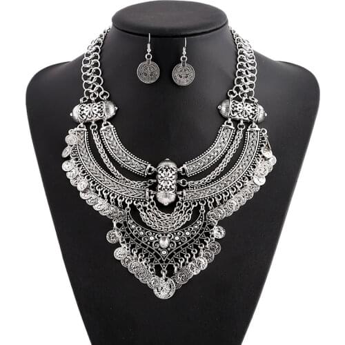 New Fashion Bohemian Vintage Statement Necklace Sliver Ancient Long Coin Tassel Maxi Necklace Collier Ethnic Jewelry Sets