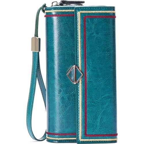 Genuine Leather 2021 New Wallets for Women Large Capacity Purse Vintage Oil Wax-Leather Clutch Bag Cards Holder