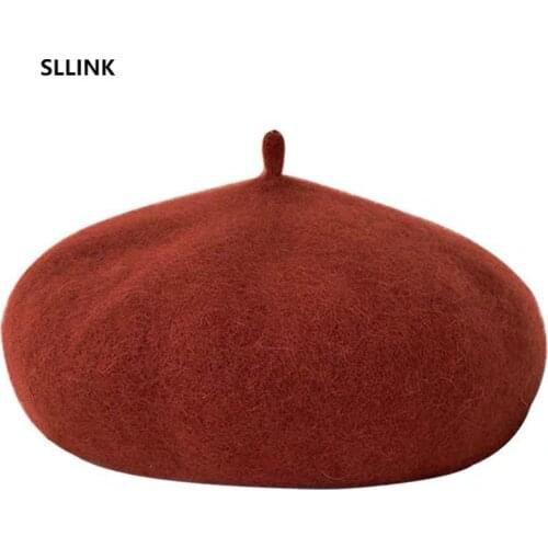 Autumn and winter wool BERET womens fashion retro British woolen hat with drawcord solid color versatile pumpkin hat