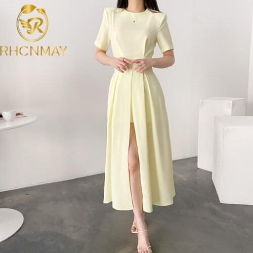 Vintage Split Office Lady Dress Women Elegant Korean Fit Chic Yellow Midi Dresses French Retro Designer Casual Summer Dress 2021