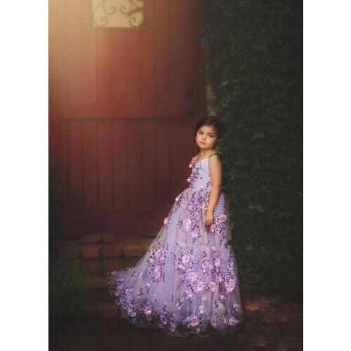 Purple Flower Girls Dresses For Weddings 3D Floral Appliques V Neck Pageant Princess First Communion Dress