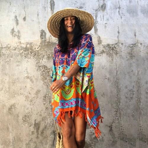 Rinabe Fashion 2021 Bohemia Long Dress Casual WomenS Clothing Patchwork Print Sarong Tassel Desinger Cover Ups Summer Beachwear