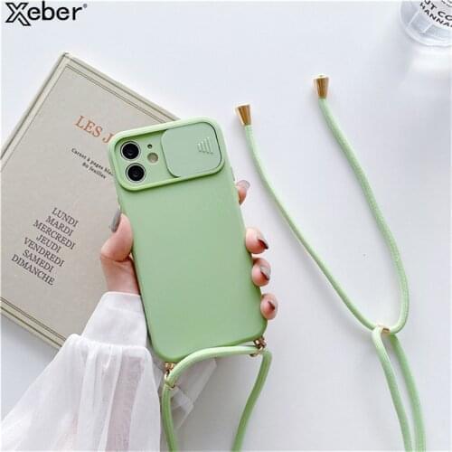 Silicone Slide Camera Lens Protection Case For iPhone 12 11 Pro XS Max XR X 7 8 Plus SE 12 Mini Lanyard Necklace Cord Rope Cover