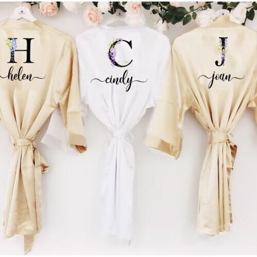 Wedding Satin Dressing Gown Custom Name Flower Print Bride Team Robes Bridal Party Robes Bridesmaid Robes gift