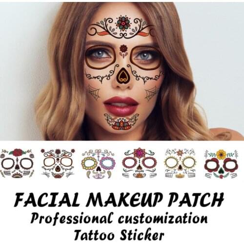 Halloween Waterproof Temporary Tattoo Sticker Facial Makeup Special Face Day Of The Dead Skull Dress Up Halloween Cosplay Prop