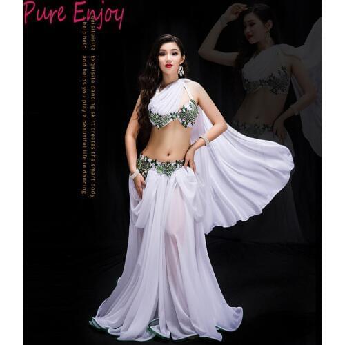 Women Spandex and Pearl Chiffon Belly Dance Costume High grade Bra+Skirt 2pcs Competition Performance Suit