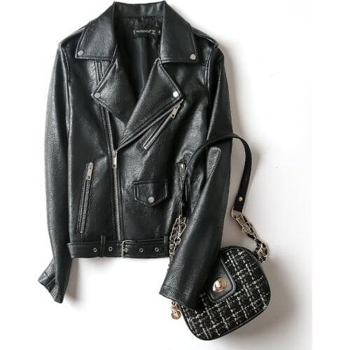 New 2021 Autumn Winter Black Faux Leather Jacket Women Zipper Basic Coat Turn-down Collar Motor Biker Short Jacket With Belt